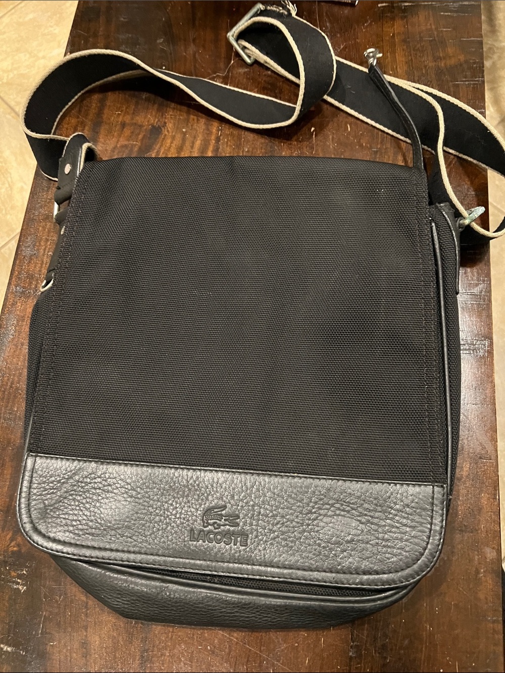 Lacoste UNISEX Black Messenger Bag with Leather Trim Lacoste shoulder/crossbody